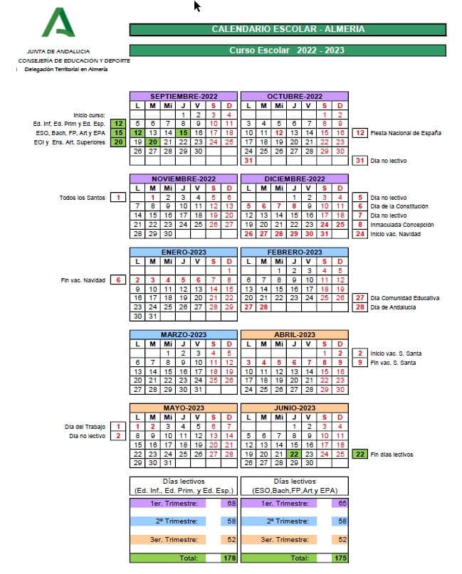 Calendario escolar Almería 2022_2023